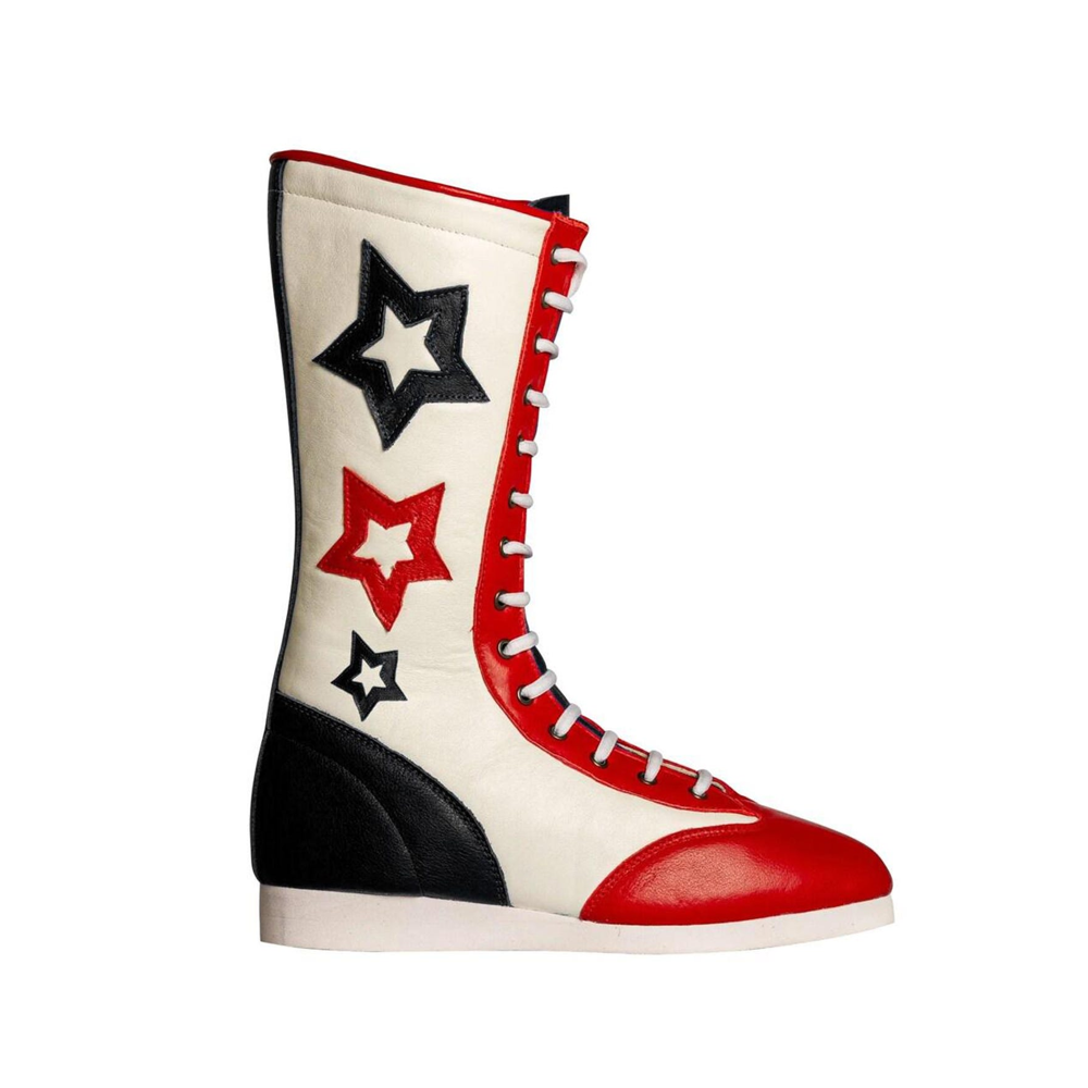 Retro Star Wrestling Boots Red White Blue Leather Cosplay Costume