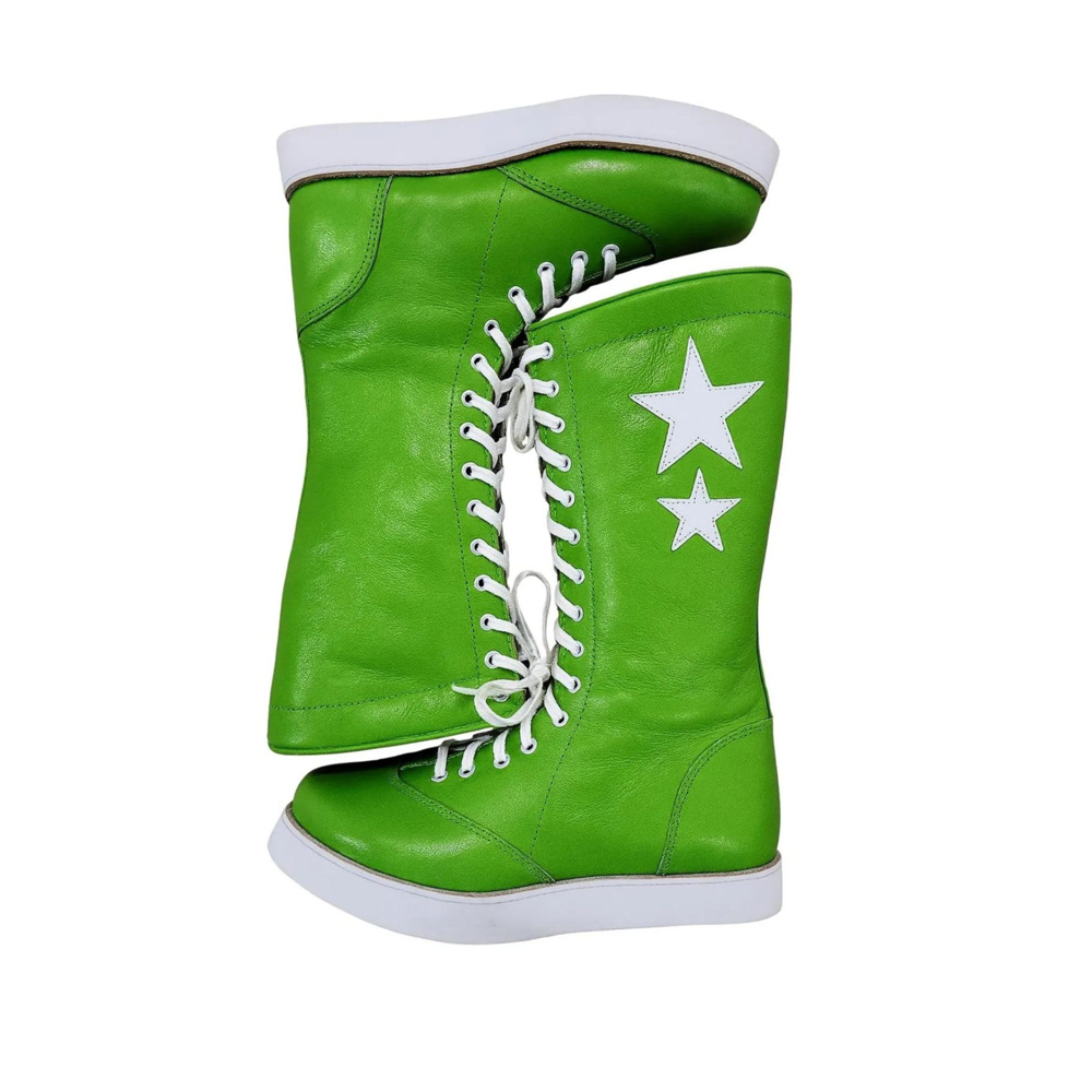 Handmade Green Leather Wrestling Boots White Star High Tops