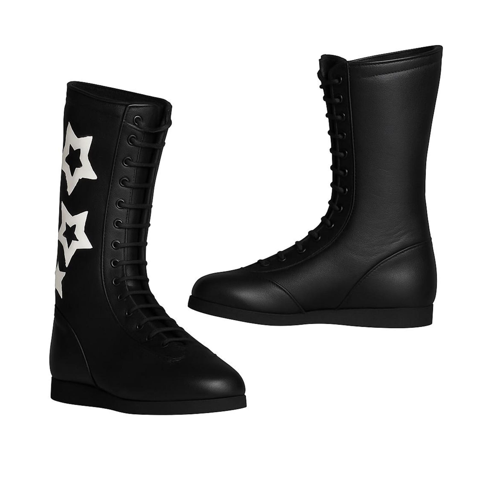 Handmade Leather Wrestling Boots Black with White Stars Unisex Cosplay Shoe