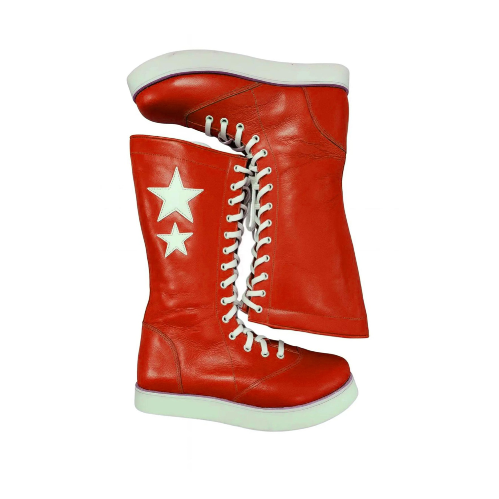 Handmade Red Leather Wrestling Boots Retro Star Patch Unisex Combat Shoes