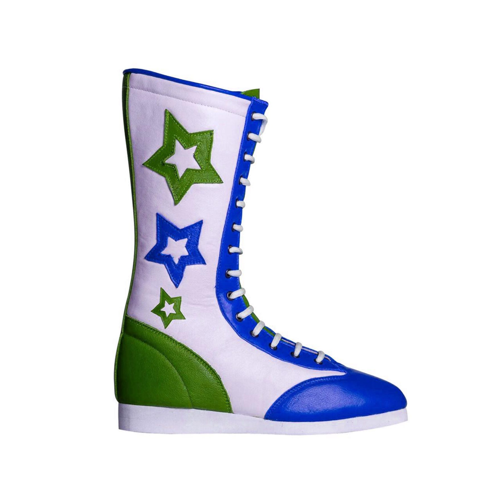 Handmade Star Pattern Wrestling Boots Blue Green Leather Ring Gear