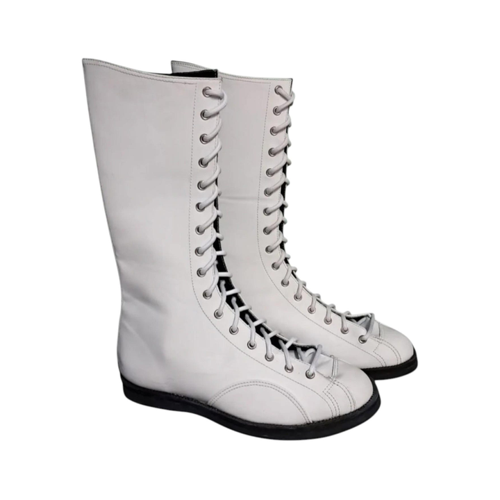 Handmade White Leather Wrestling Boots Tall Lace-Up Costume Shoes