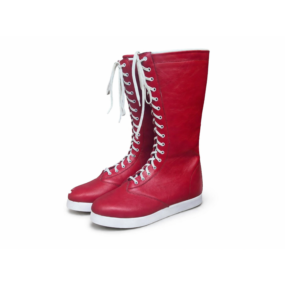 Handmade Leather Wrestling Boots Red Tall Lace Up Design