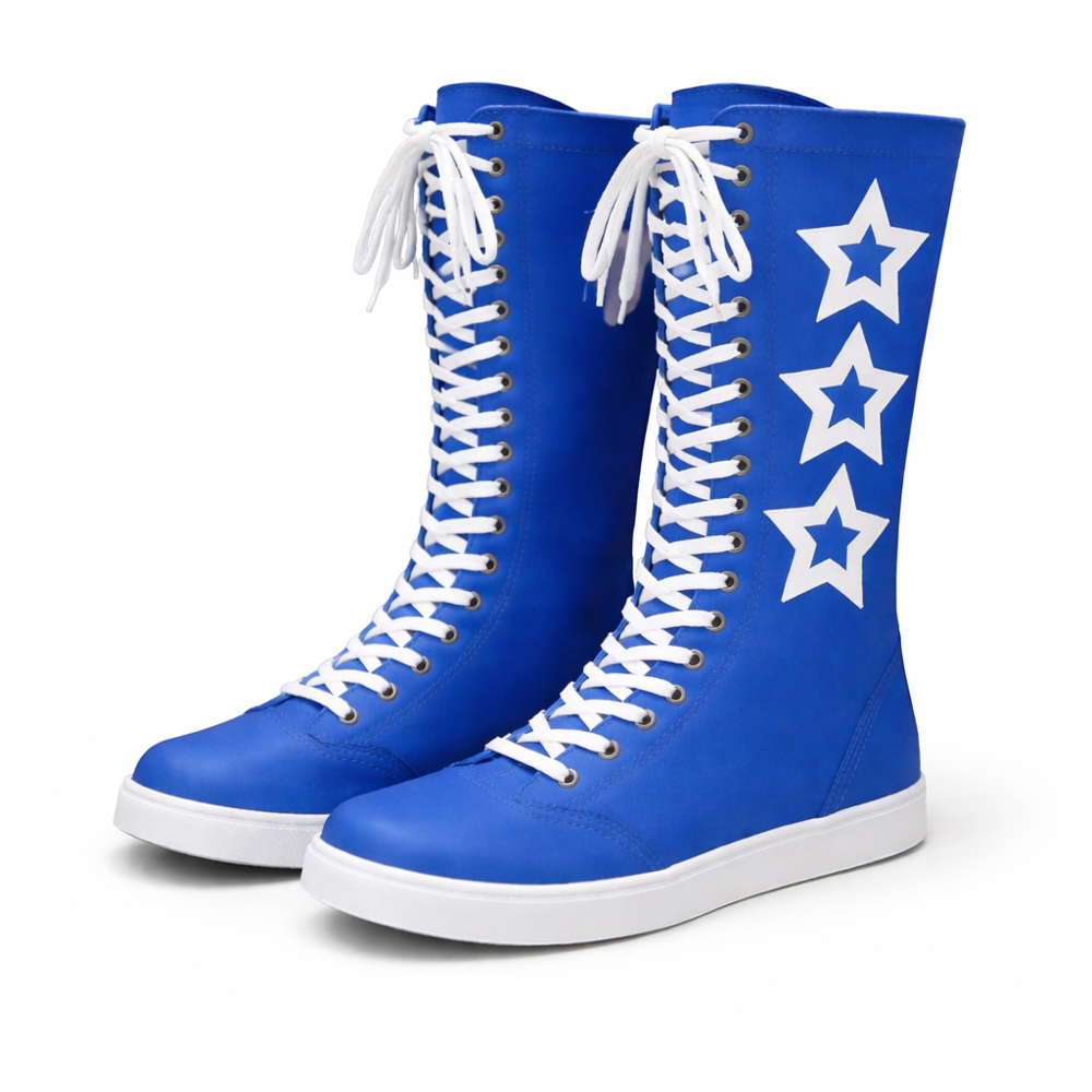 Handmade Leather Pro Wrestling Boots White  Blue Tall Lace Up Boots Professional Ring Shoes