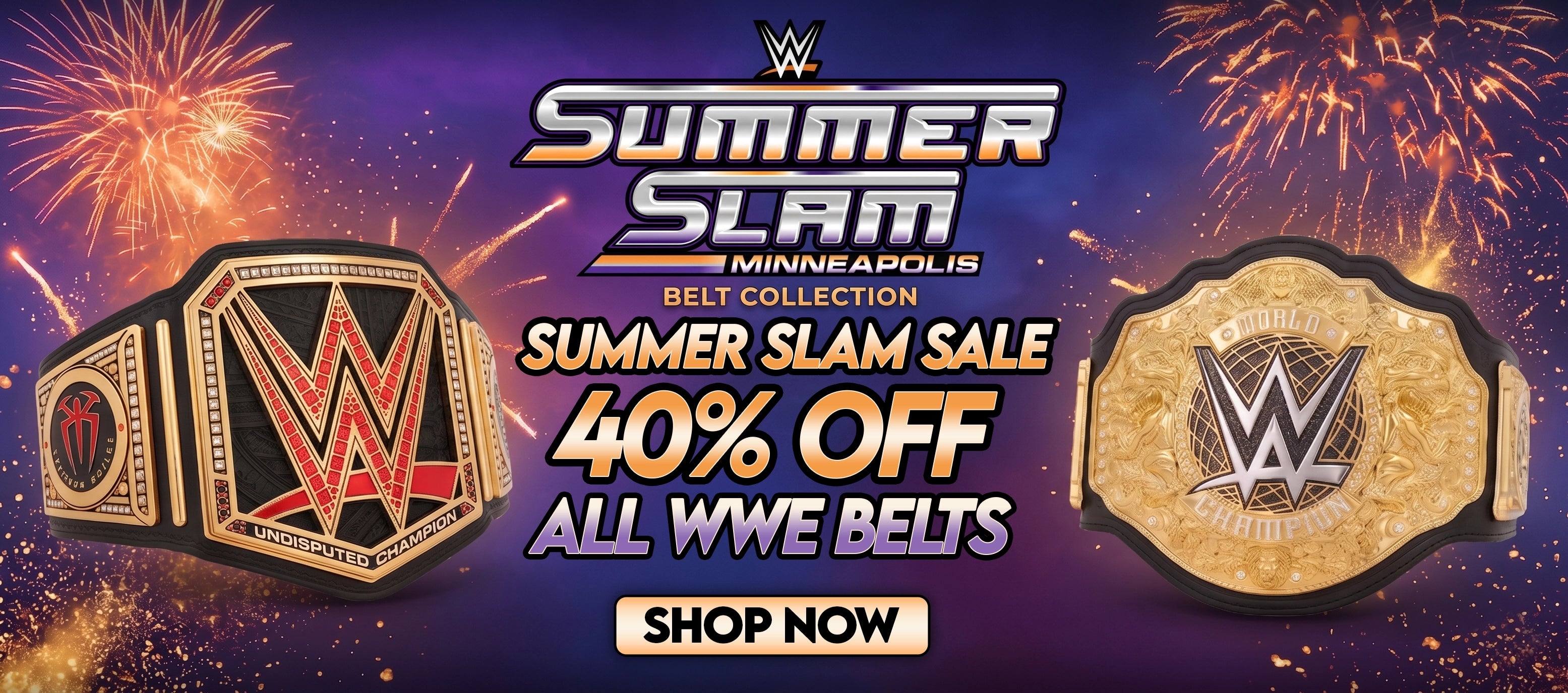 Promotional 40% off banner for WWE Summer Slam with belt designs.