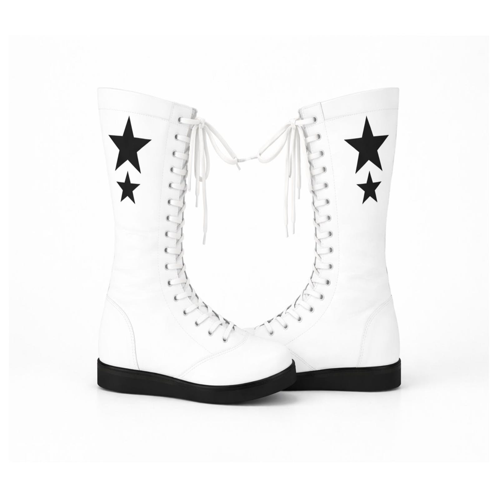 White Leather Lace-Up Wrestling Boots with Black Stars