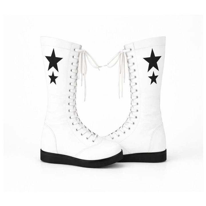 White Leather Lace-Up Wrestling Boots with Black Stars