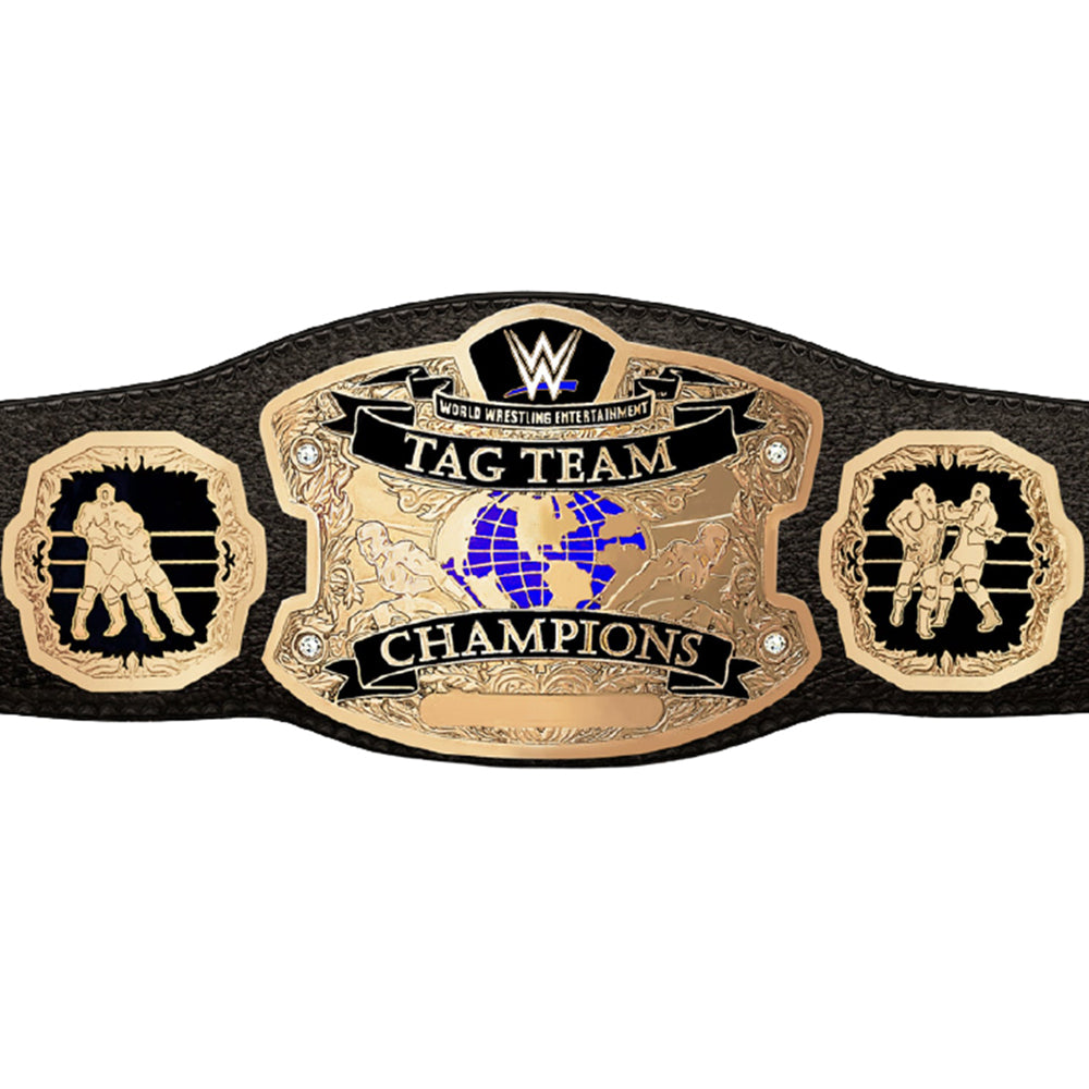 WWE tag team championship belt with black leather strap and gold plates from Championship Belts Online