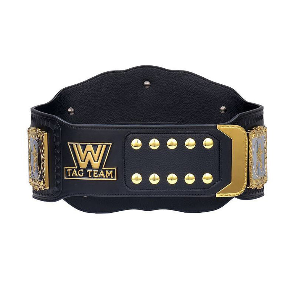 Black leather WWE Tag Team Championship Belt with gold accents and detailed side plates