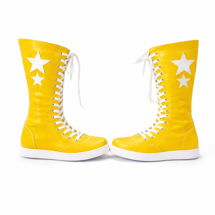 Yellow Leather Pro Wrestling Boots  Custom Tall Lace Up Ring Shoes with Star Design